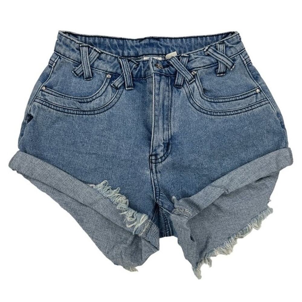 Some Days Lovin - Raw Hem Turn Up Denim Shorts with Cross Belt Loop Detail